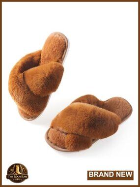 Faux Fur Open Toe Slide Slippers with Memory Foam and Anti-Slip Sole
